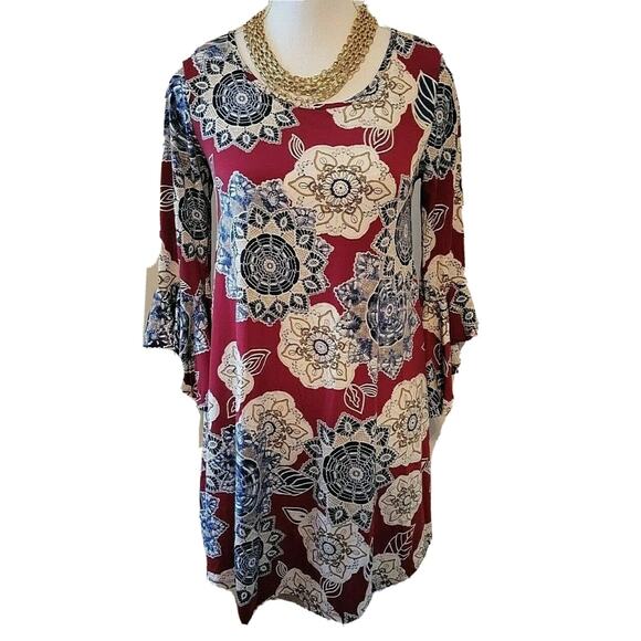 SJS Womens Burgundy Floral Bell Sleeve Slinky Shift Dress Metallic Thread Small - Picture 1 of 5